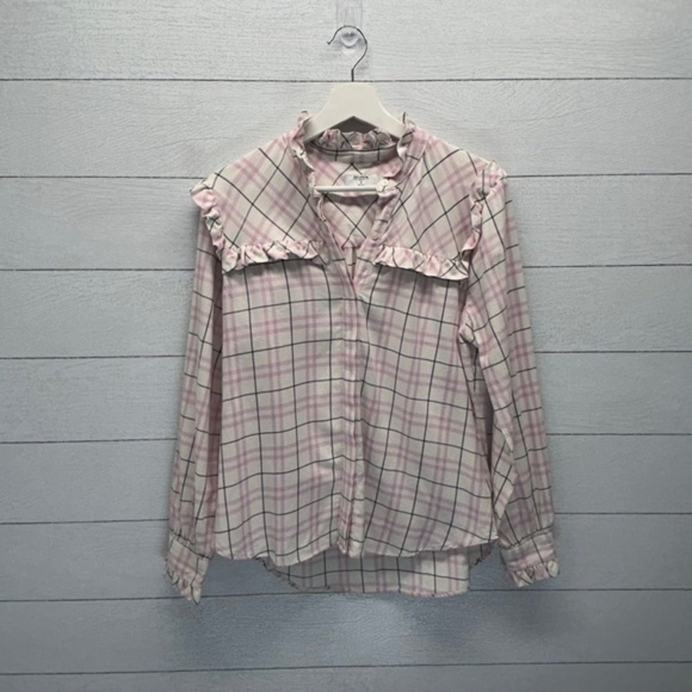 UNTUCKit‎ Josie Plaid Blouse Pink White Ruffle Collar Button Front Sz 6